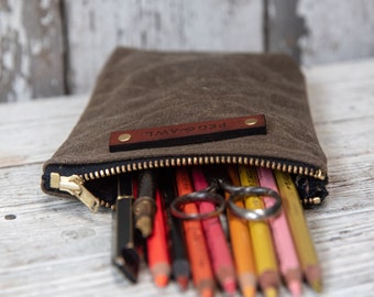 Roll up Mini Pencil Case, Pen Roll, Waxed Canvas and Leather, 12