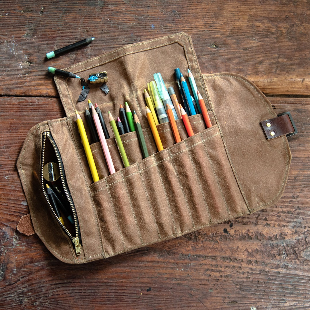 Roll up Mini Pencil Case, Pen Roll, Waxed Canvas and Leather, 12 Pockets 1  Zipper Pouch by Peg and Awl Mini Sendak Artist Roll 