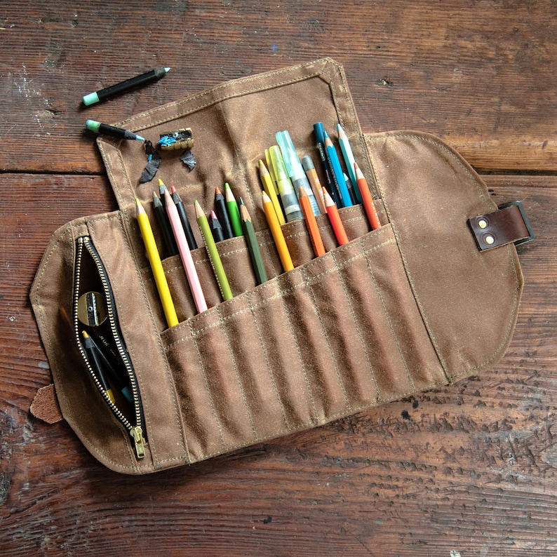 Roll up Mini Pencil Case Pen Roll Waxed Canvas and Leather Etsy