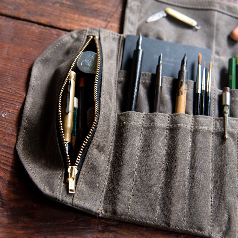 Roll up Mini Pencil Case Pen Roll Waxed Canvas and Leather Etsy