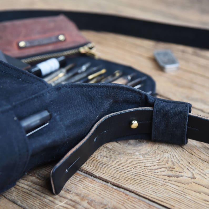 Waxed Canvas Messenger Bag with Leather Strap, Black Crossbody Bag by Peg and Awl All Black Finch Satchel image 4