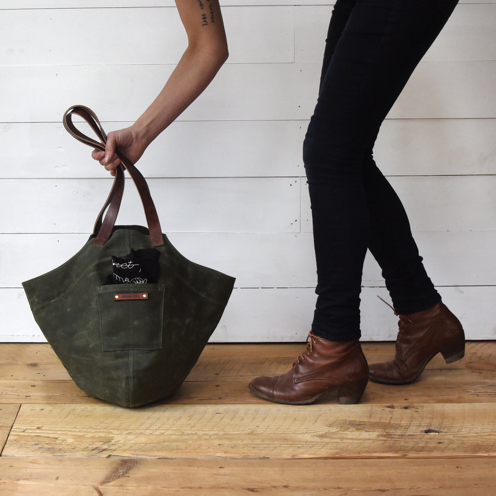 Waxed Canvas Bucket Bag With Leather Straps Shoulder Bag With Etsy