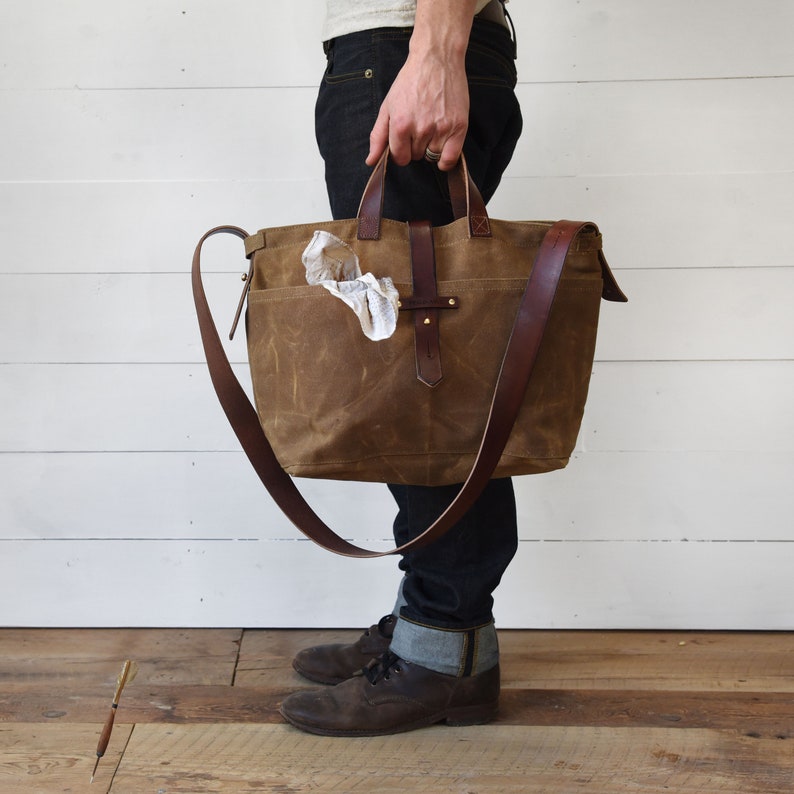 Waxed Canvas Bag with Leather Straps, Genderless Shoulder Bag, Crossbody Bag by Peg and Awl Waxed Canvas Tote image 3