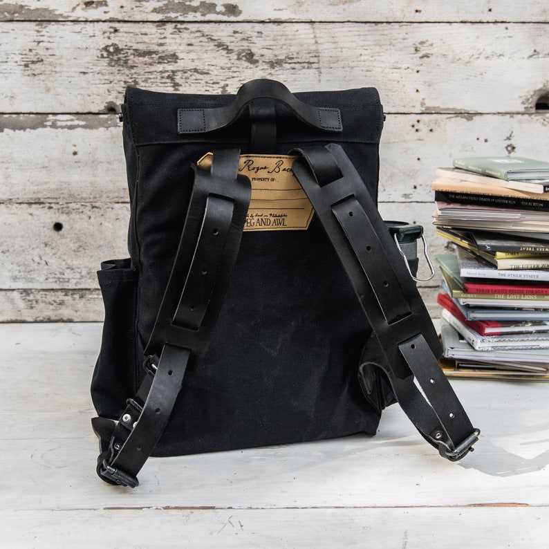 Black Waxed Canvas Backpack With Leather Straps Black Canvas Etsy