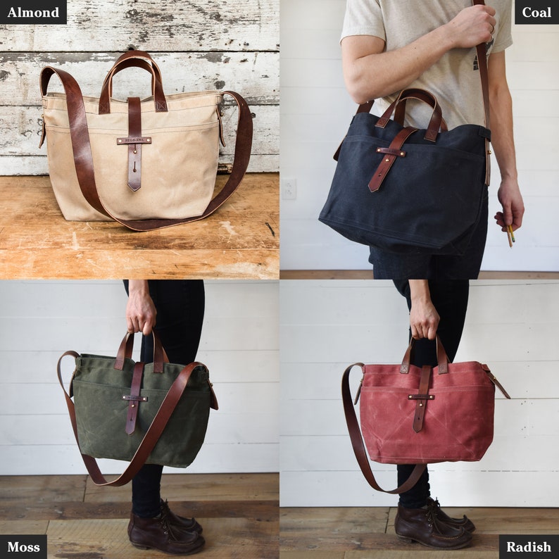 Waxed Canvas Bag With Leather Straps Genderless Shoulder Bag Etsy