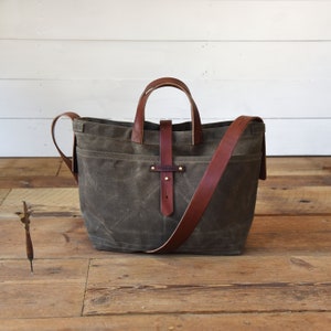 Waxed Canvas Bag with Leather Straps, Genderless Shoulder Bag, Crossbody Bag by Peg and Awl Waxed Canvas Tote image 1