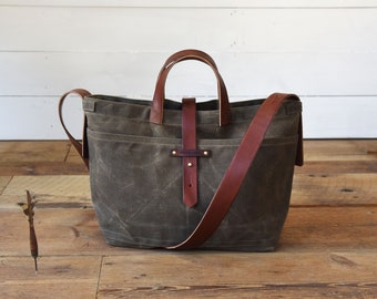 Waxed Canvas Bag with Leather Straps, Genderless Shoulder Bag, Crossbody Bag by Peg and Awl |  Waxed Canvas Tote