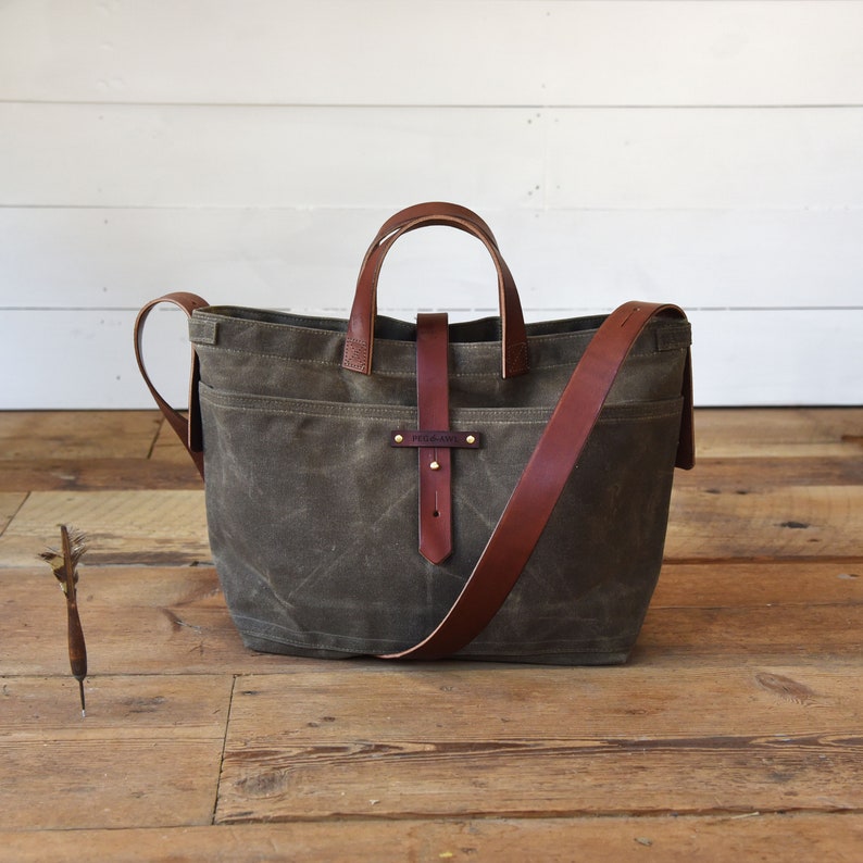 Waxed Canvas Bag with Leather Straps, Genderless Shoulder Bag, Crossbody Bag by Peg and Awl |  Waxed Canvas Tote 