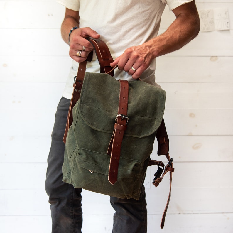 Waxed Canvas Backpack Waxed Canvas Rucksack With Leather Etsy
