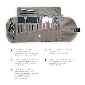 Roll Up Pencil Case with 22 pockets 1 zipper pouch, Plein Air Kit, by Peg and Awl Sendak Artist Roll image 8