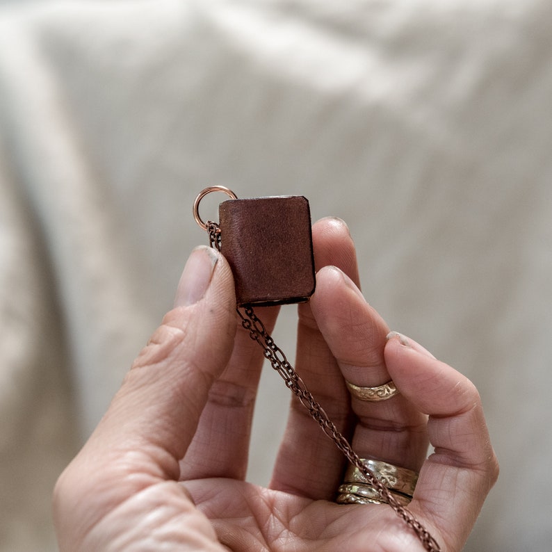 Brown Mini Book Necklace, Handbound Leather Book, Journal by Peg and Awl Harper Medium