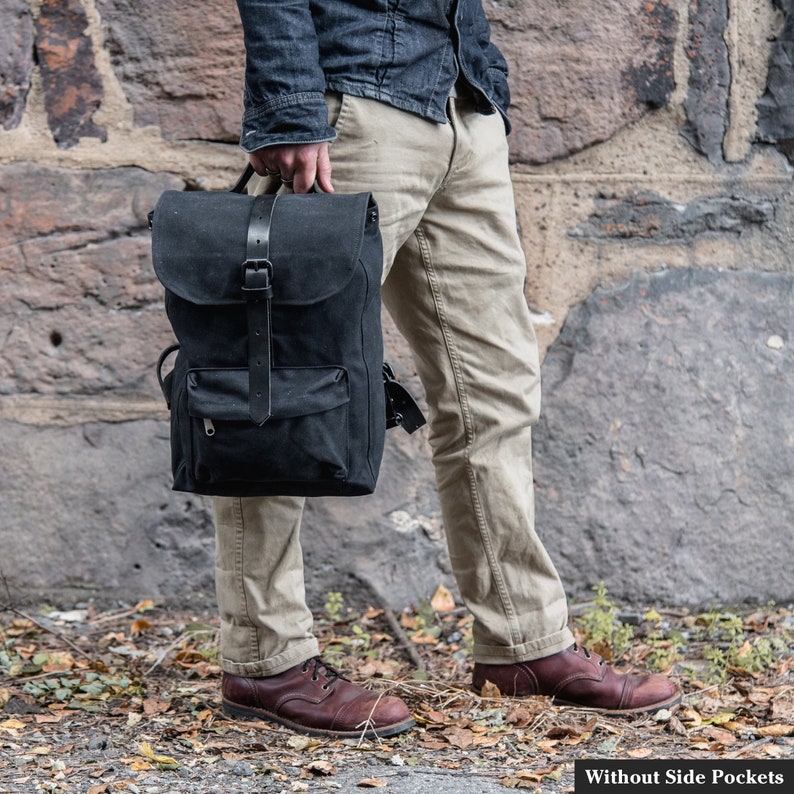 Black Waxed Canvas Backpack with leather straps Black Canvas | Etsy