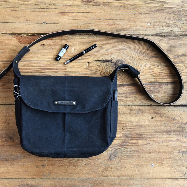 Waxed Canvas Messenger Bag with Leather Strap, Black Crossbody Bag by Peg and Awl All Black Finch Satchel image 2