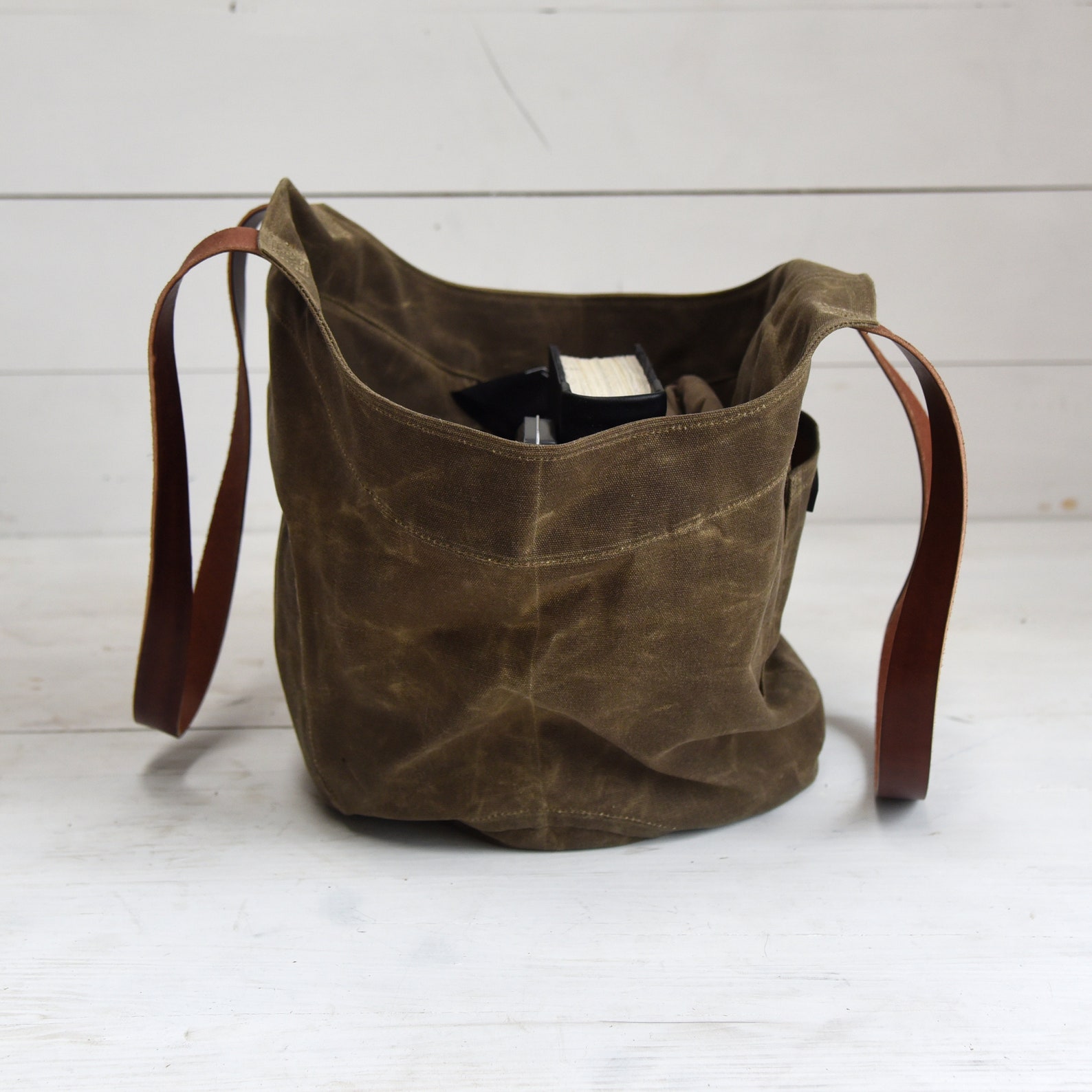 Waxed Canvas Bucket Bag With Leather Straps Shoulder Bag With Etsy