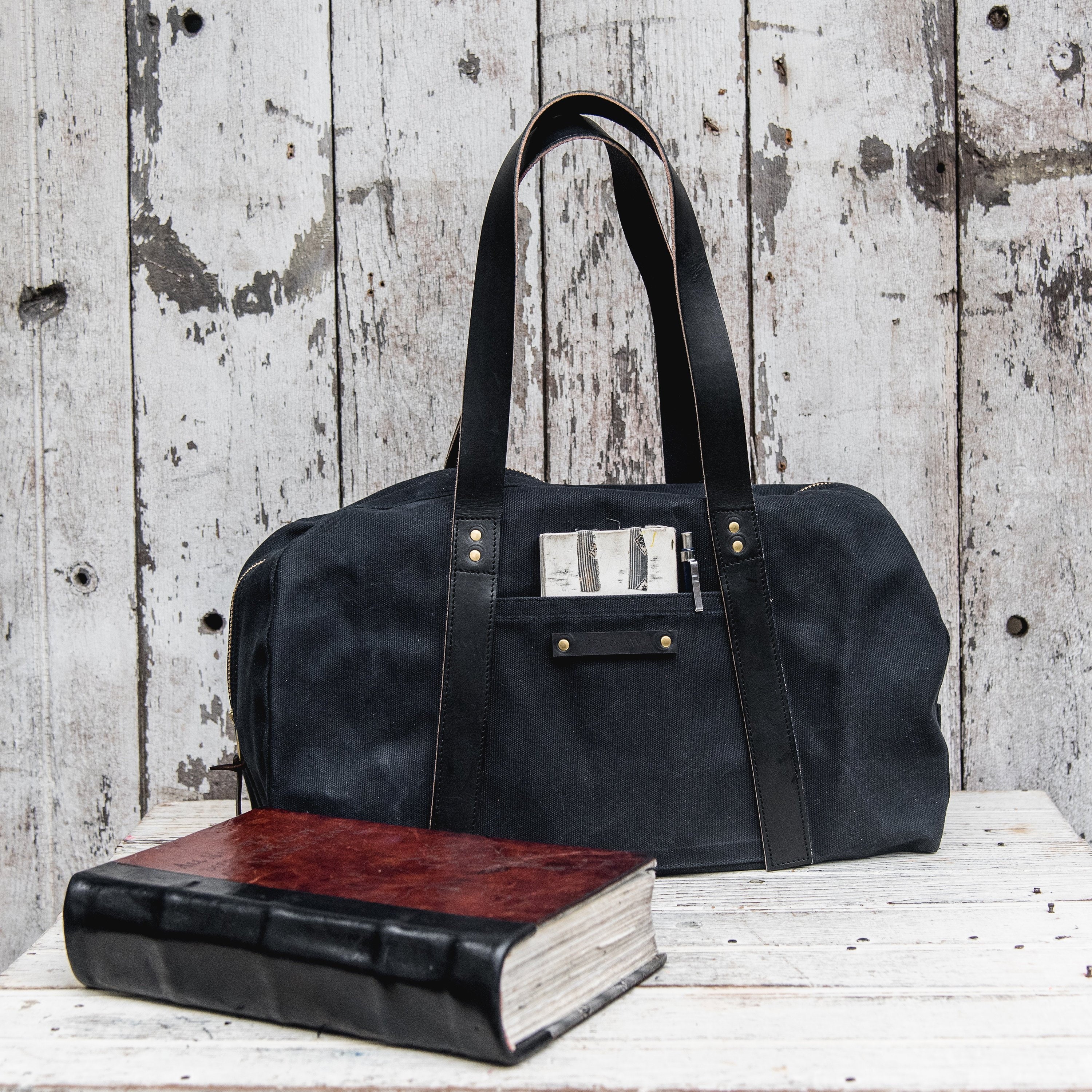 All Black Waxed Canvas Day Bag Canvas Gym Bag Zipper Travel Etsy