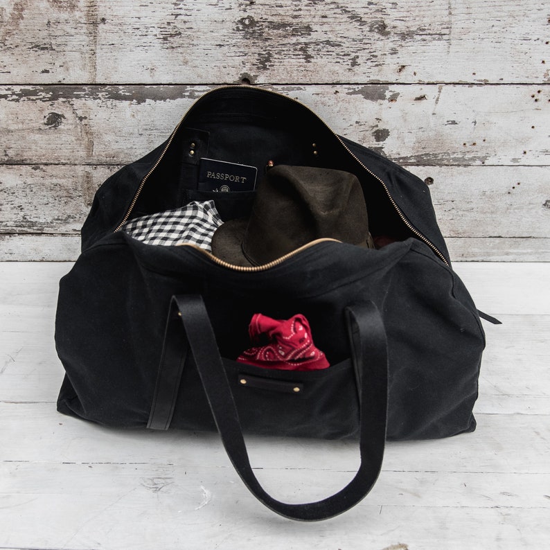 Black Weekender Bag With Leather Straps Waxed Canvas Travel Etsy