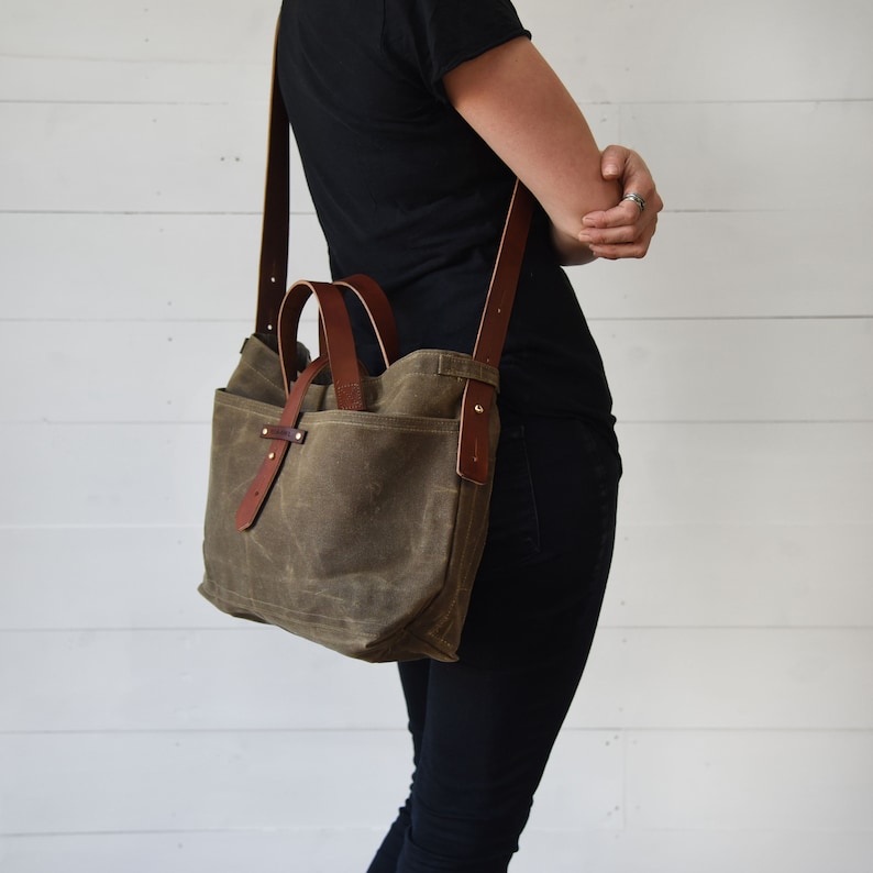 Waxed Canvas Bag with Leather Straps, Genderless Shoulder Bag, Crossbody Bag by Peg and Awl Waxed Canvas Tote image 2