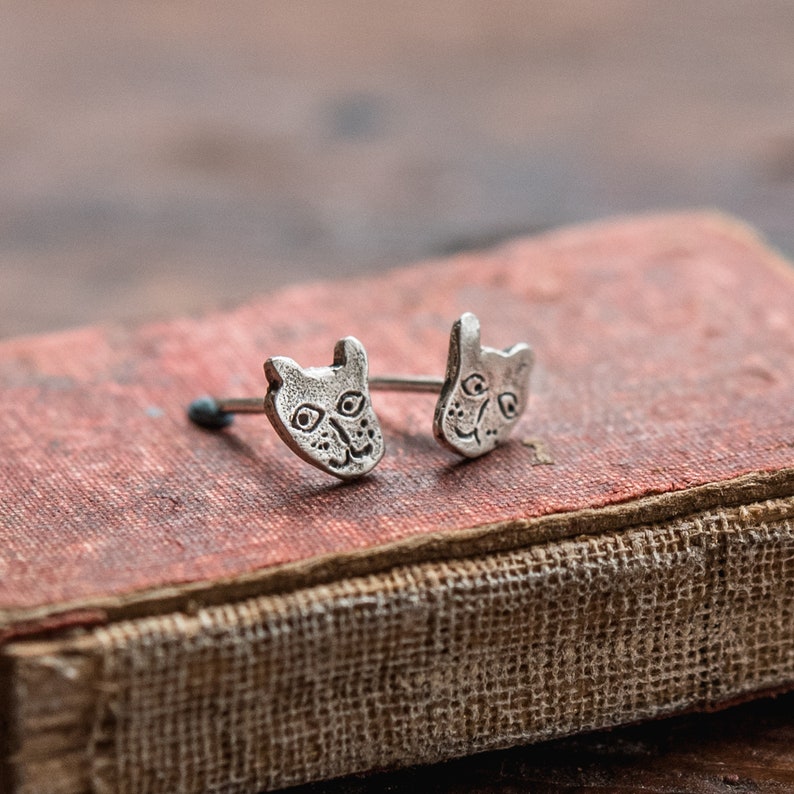 Cat Studs, Sterling Silver Stud Earrings, Dainty Earrings, Cat Jewelry by Peg and Awl Ash Foundlings image 1