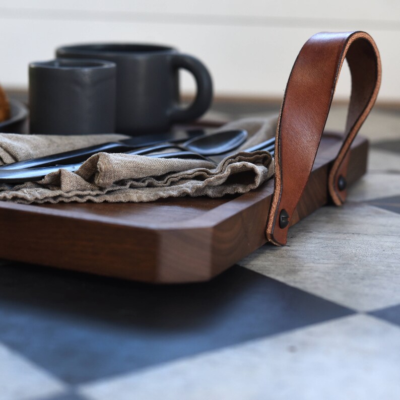 Wood Serving Tray with Leather Handles Minimalist Hygge Home Etsy