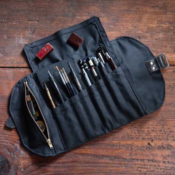 All Black Artist Roll, Waxed Canvas Pencil Case, Zipper Pouch by