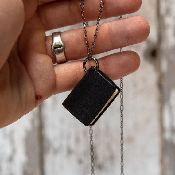 Mini Book Necklace Black Book Small Leather Book Charm by 