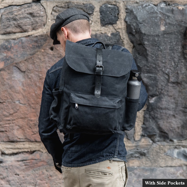 All Black Waxed Canvas Backpack Canvas Rucksack Carry on Bag Etsy