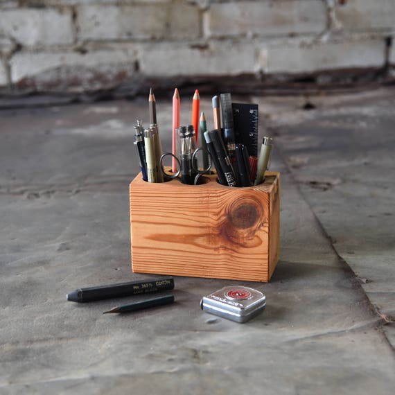 Wood Desk Decor, Pencil Holder, Desk Organizer, Reclaimed Wood Pen Holder  by Peg and Awl Large Desk Caddy 