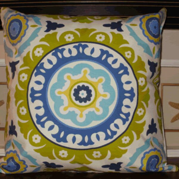 Sale ~ Decoraive Pillow Cover:  Suzani  Lime and Indigo 20 X 20 Cotton Accent Throw Pillow Cover