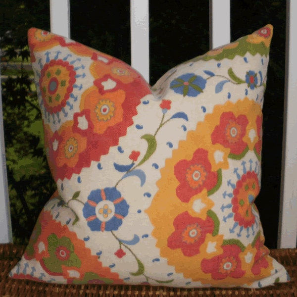 Indoor / Outdoor Decorative Pillow: Orange, Yellow, Green and Blue Suzani 18 X 18 Outdoor Pillow Cover