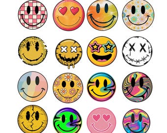 Smiley Face PNG Bundle, Retro Happy Face SVG Pack, Trendy Colorful Smiley Clipart