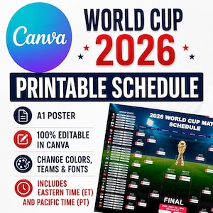 World Cup 2026 Schedule Wall Chart Printable and fully editable Canva Template, Soccer Fixtures Chart, World Cup 2026 Result Chart,