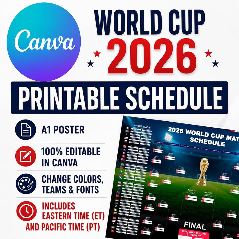 World Cup 2026 Schedule Wall Chart Printable and fully editable Canva Template, Soccer Fixtures Chart, World Cup 2026 Result Chart,