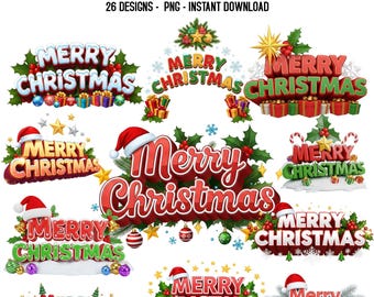 Elegant Merry Christmas Clipart Bundle, Merry Christmas Png, Festive Christmas Holiday Sublimation