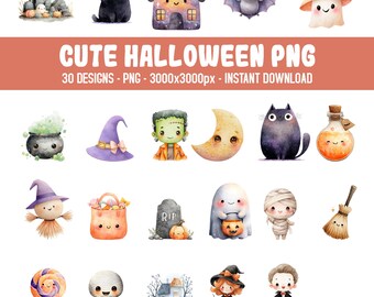 Cute Halloween Clipart Bundle, Kawaii Watercolor Halloween PNG, Ghost, Pumpkin, Cat, Witch, Monster & Frankenstein Designs, Spooky png