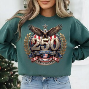 USA 250th Anniversary patriotic eagle emblem with stars, stripes, and 1776–2026 text, high-resolution PNG on transparent background for sublimation and crafts