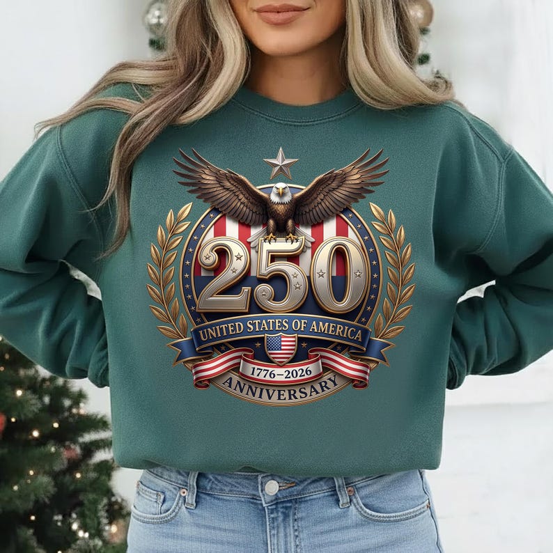 USA 250th Anniversary patriotic eagle emblem with stars, stripes, and 1776–2026 text, high-resolution PNG on transparent background for sublimation and crafts