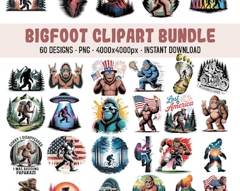 May include: A collection of Bigfoot-themed clipart designs. The images feature Bigfoot in various settings, including the wilderness, riding a motorcycle, and holding an American flag. Text includes "BIGFOOT CLIPART BUNDLE" and "60 DESIGNS - PNG - 4000x4000px - INSTANT DOWNLOAD".