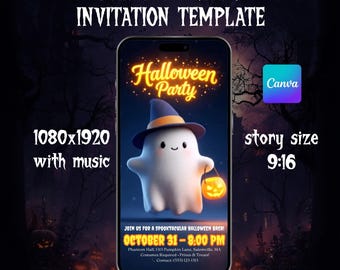 Digital Halloween Party Invitation, Animated Halloween Video Invite, Cute ghost animation, Editable Canva Template