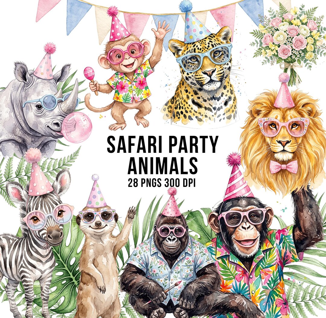 Safari Animals Party Clipart Bundle, Birthday Animals, Watercolor ...