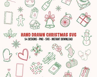 Christmas Doodle SVG Bundle, Hand-Drawn Winter Clipart Set, Whimsical Holiday Party Icons, Cute Festive Xmas Invitation Elements
