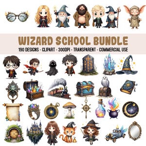 Wizard School Clipart Bundle 190 PNGs, Owl Wand Book, Magic School Clipart, Back to school png, Watercolor Cute Wizard School Clipart,