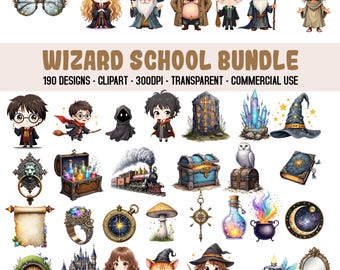 Wizard School Clipart Bundle 190 PNGs, Owl Wand Book, Magic School Clipart, Back to school png, Watercolor Cute Wizard School Clipart,