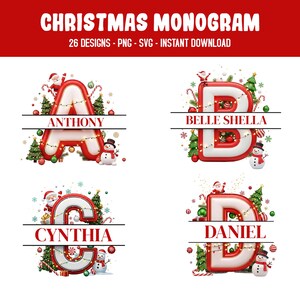 Peut inclure: Un design numérique présentant des monogrammes de Noël. L'image présente les lettres A, B, C et D, chacune décorée d'éléments festifs comme le Père Noël, des bonhommes de neige et des arbres de Noël. Les noms Anthony, Belle Shella, Cynthia et Daniel sont affichés en dessous.
