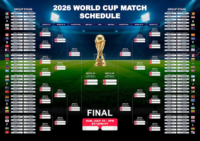 World Cup 2026 Schedule Wall Chart Printable and fully editable Canva Template, Soccer Fixtures Chart, World Cup 2026 Result Chart,