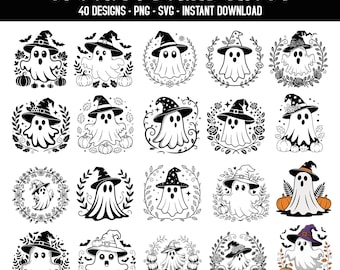 Paquete de Svg de fantasma floral espeluznante, fantasma floral retro PNG, diseño de otoño de Halloween, lindo fantasma de Halloween PNG, temporada espeluznante