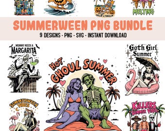 Paquete Summerween SVG PNG, divertido Halloween png, retro esqueleto fantasma calabaza horror png, espeluznante png, verano png, espeluznante de sublimación de moda,