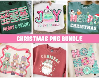 Pink Christmas PNG Bundle, Brushstroke Merry and Bright, Floral Tree, Pink Santa, Joy & Nutcracker Holiday Art