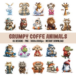 Può includere: Illustrazioni digitali di animali scontrosi, ognuno con una tazza di caffè. Gli animali includono un coniglio, un ariete, una giraffa, un cane, un bradipo, un gufo, un pinguino, un leone, un gatto, una tigre, un ippopotamo, un cane, un procione, un alligatore e altro ancora. Il testo recita "GRUMPY COFFEE ANIMALS".