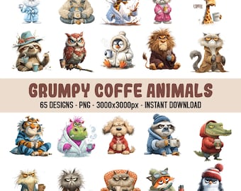 May include: A collection of digital illustrations featuring grumpy animals, each holding a coffee cup. The animals include a rabbit, ram, giraffe, dog, sloth, owl, penguin, lion, cat, tiger, hippo, dog, raccoon, alligator, and more. Text reads "GRUMPY COFFEE ANIMALS".