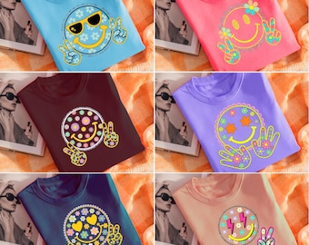 Neon Summer Smiley Face PNG Bundle, Trendy Beach Life Clipart, Floral Peace Hand Sublimation, Distressed Retro Summer Design Set